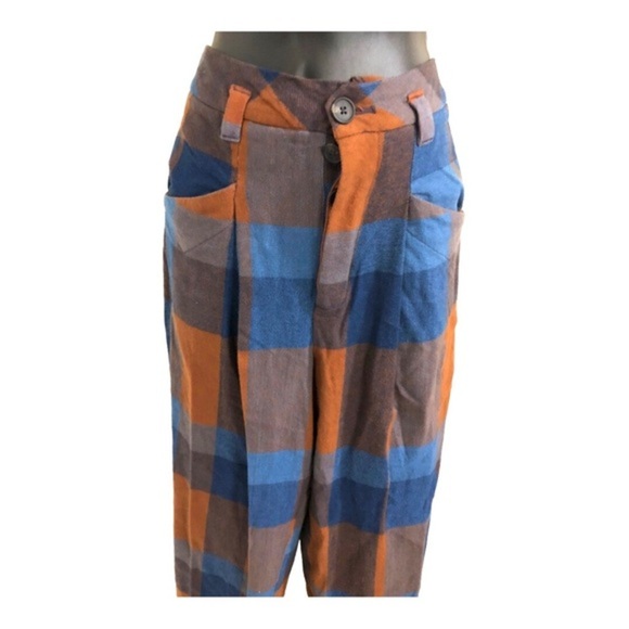 Free People cass brown blue plaid look slouchy midrise tapered trouser pants sz4 - Picture 4 of 13